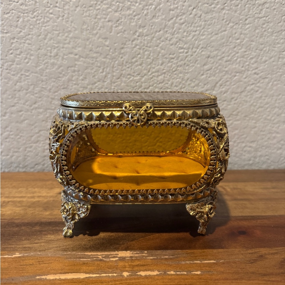 Vintage Ornate Amber Glass Jewelry Box